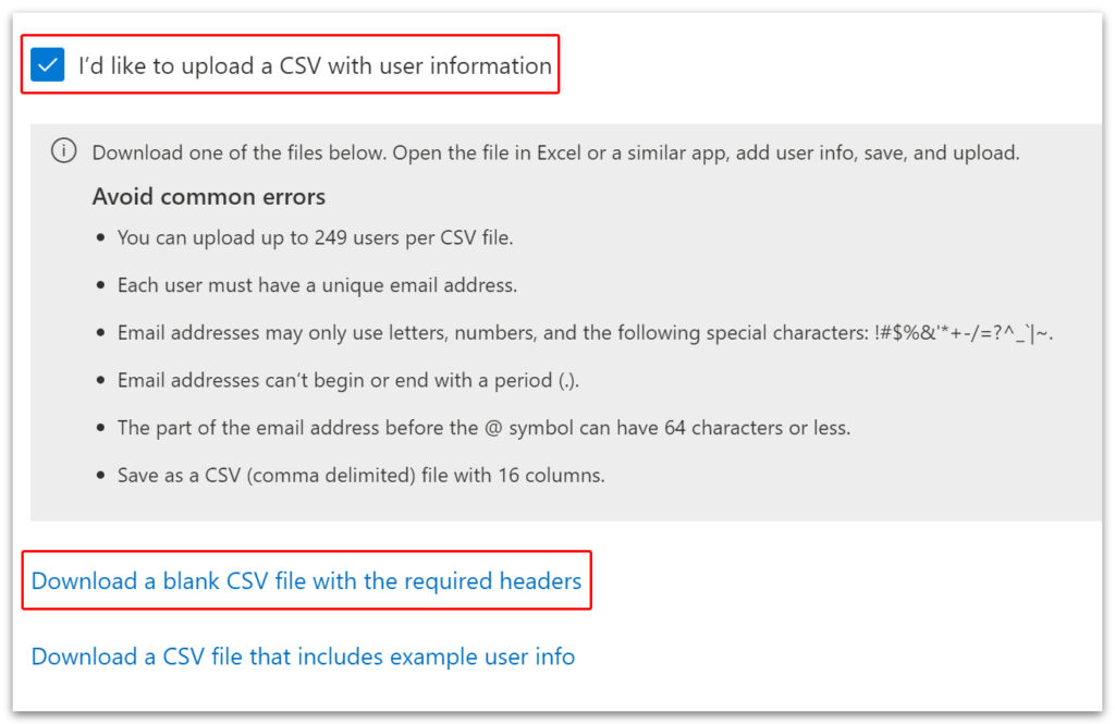 upload a CSV file > Download blank file