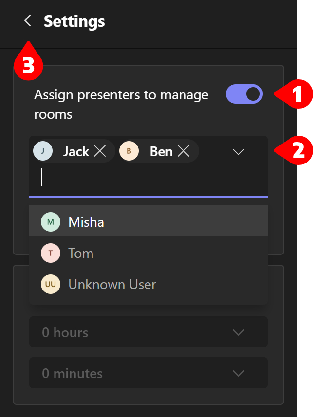 Toggle on Assign presenters to manage rooms.