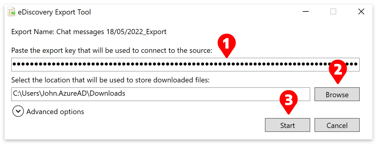 Paste export key > Browse > Start.
