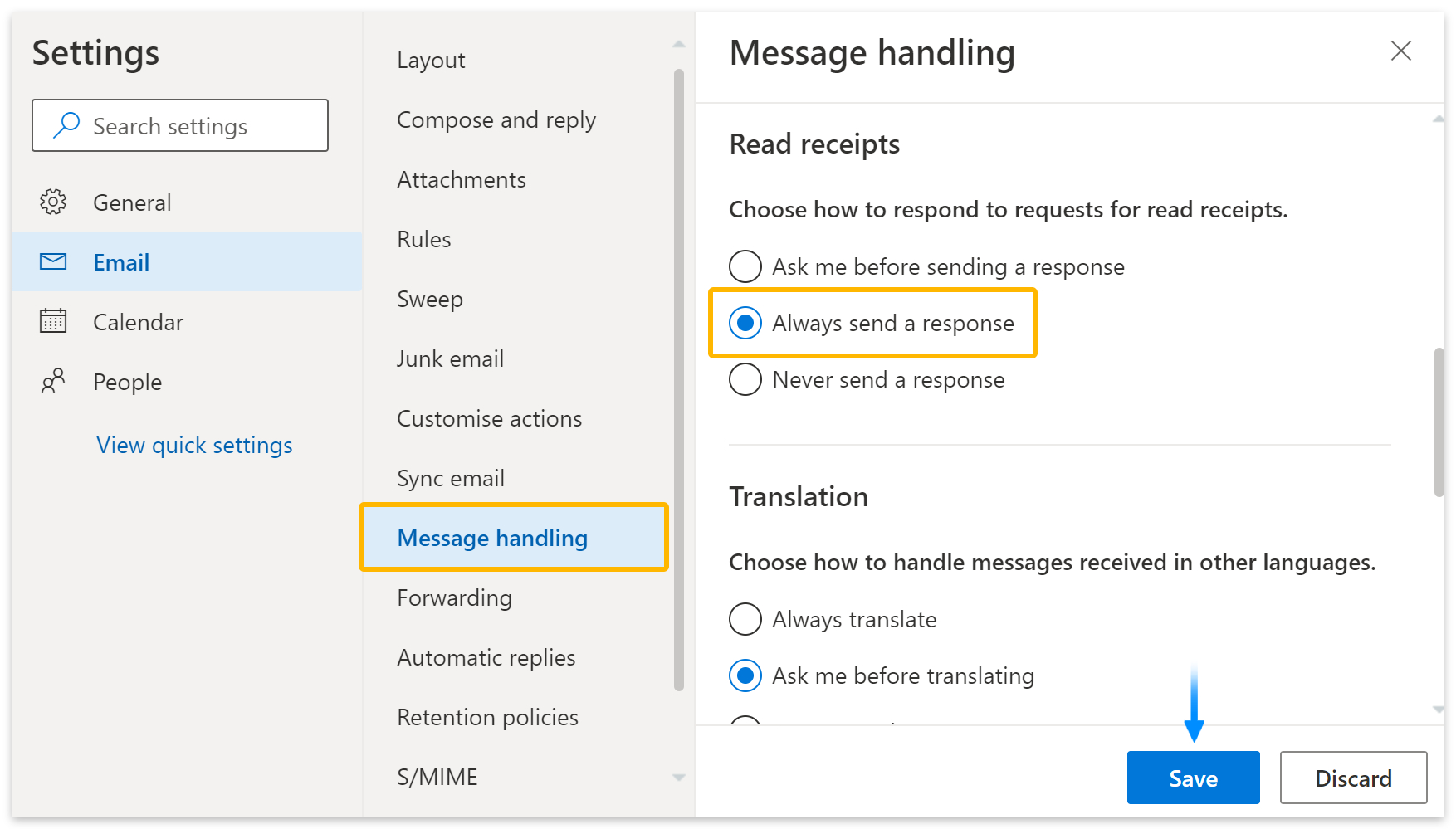 Message handling > Always send a response >Save.