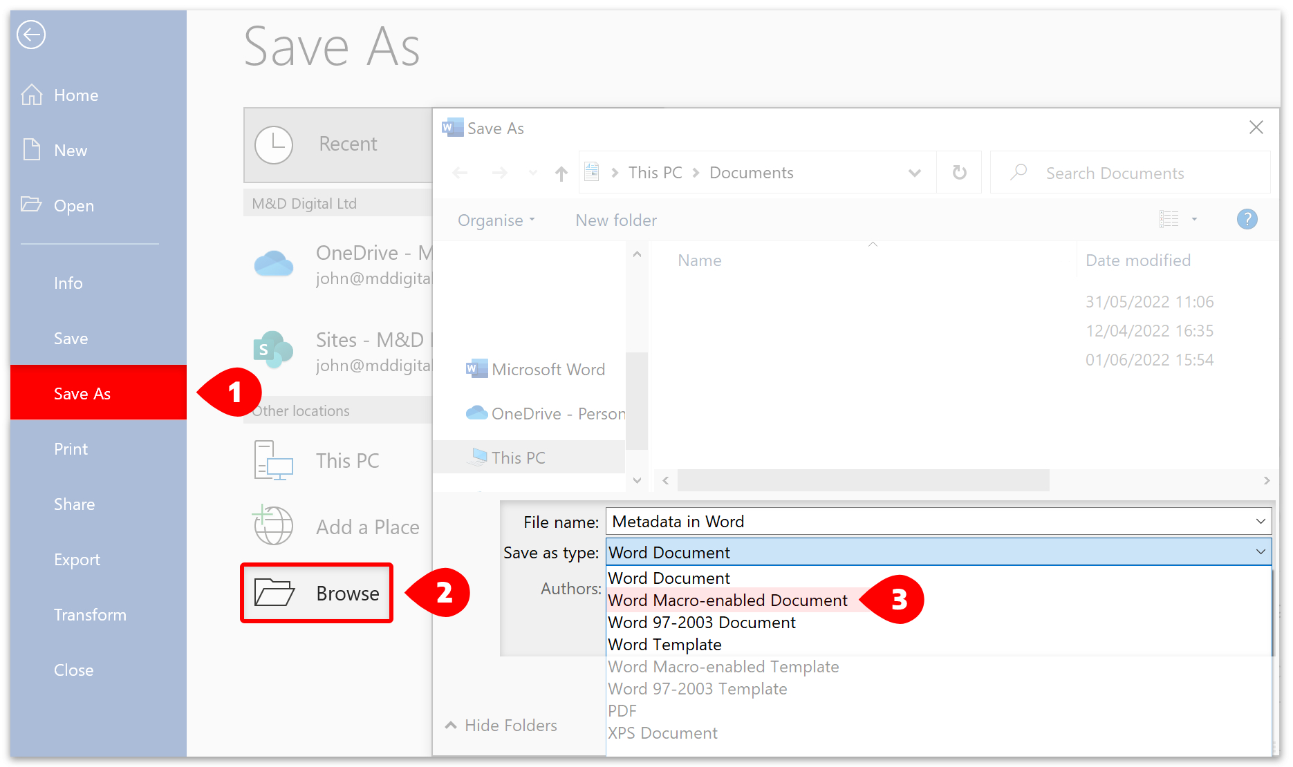 Save As > Browse > Save as type: Word Macro-enabled Document.