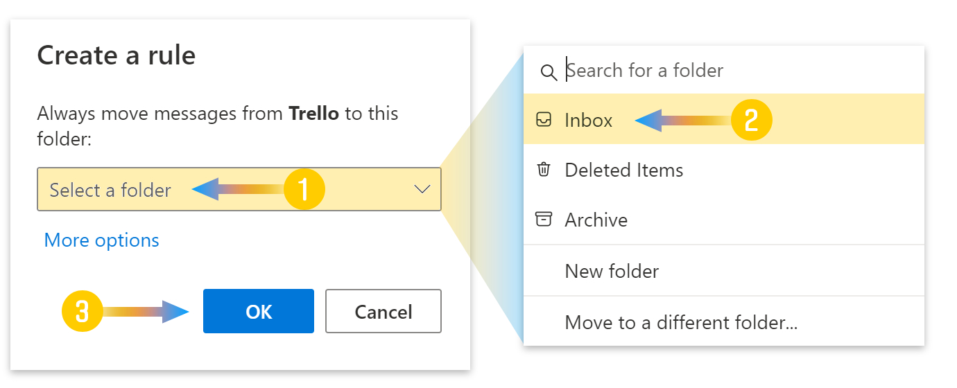 Select a folder > Inbox > Ok.