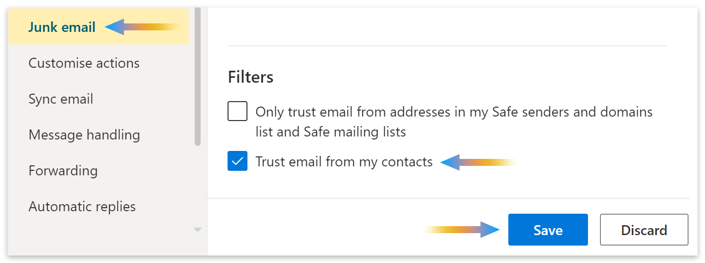 Junk email > Check 'Trust email from my contacts > Save.