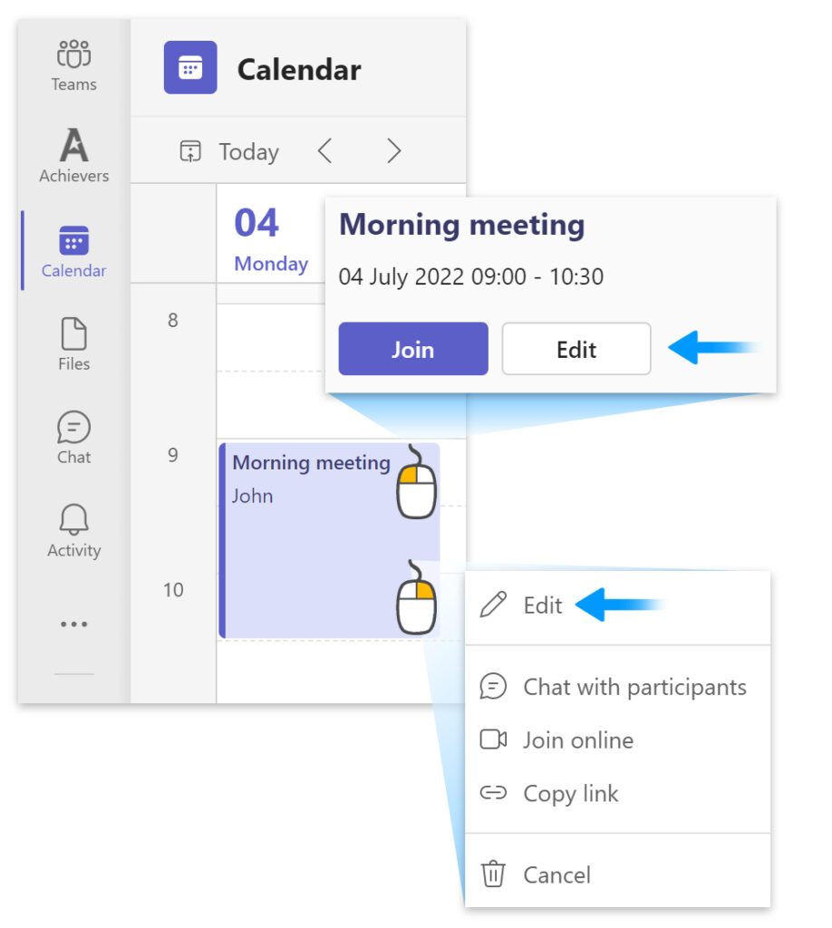 Calendar> Right click meeting > Edit.