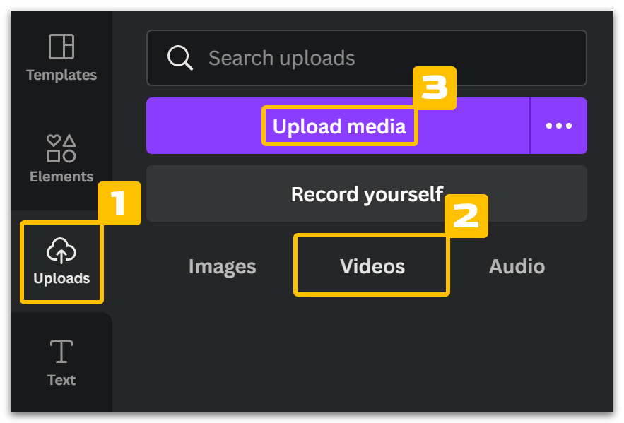Uploads > Videos > Upload media.