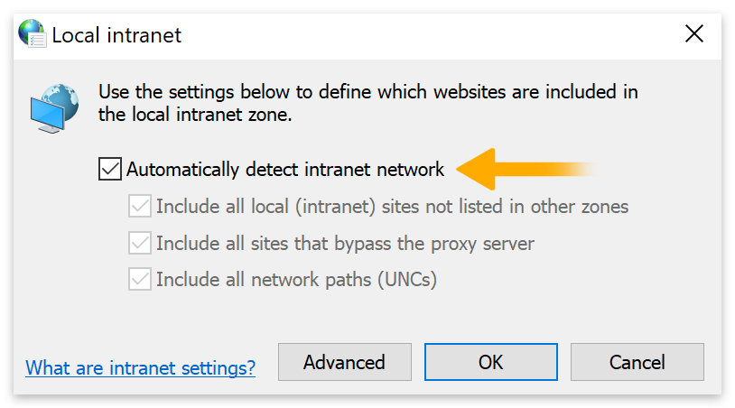 Automatically detect intranet network > OK.