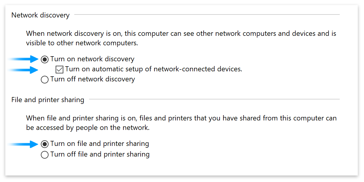 Network discovery ON. Automatic setup of network-connected devices ON. File and printer sharing ON.