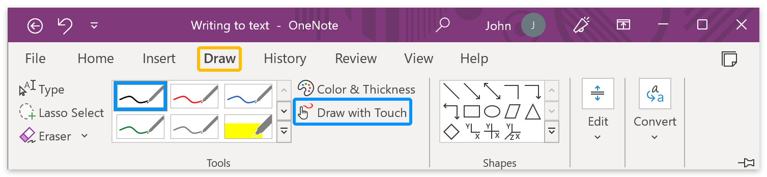 Draw > Select brush > Click Draw with Touch.