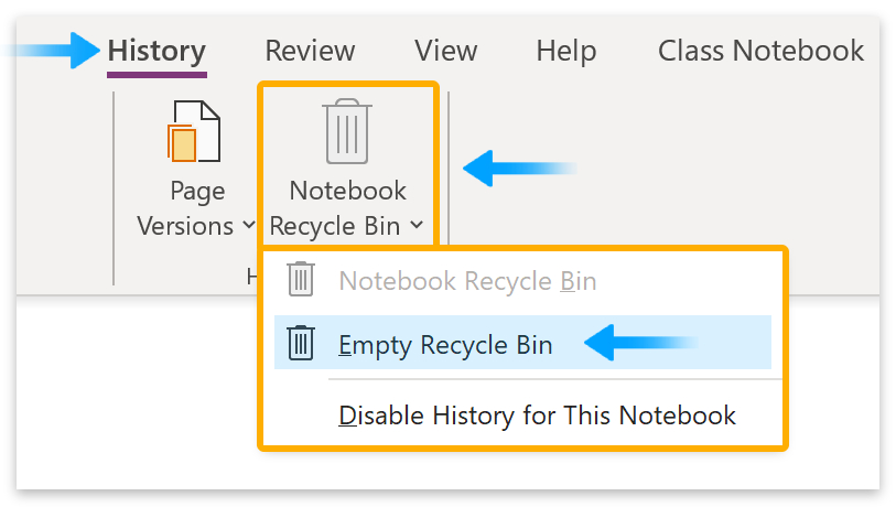 History > Notebook Recycle Bin > Empty Recycle Bin.