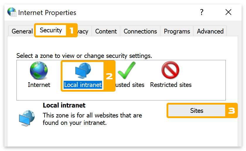 Security > Local intranet > Sites.