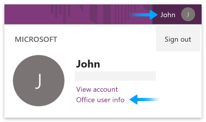 Click your name (top of window) > Office user info.