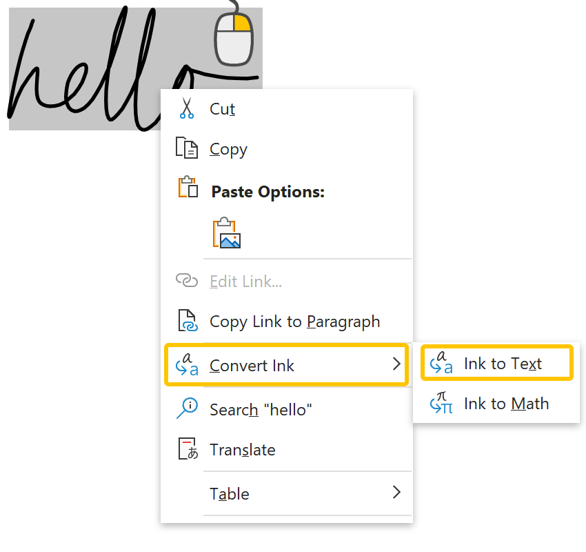 Use Ctrl+A to select the writing > Right-click the writing > Go to Convert Ink > Ink to Text.
