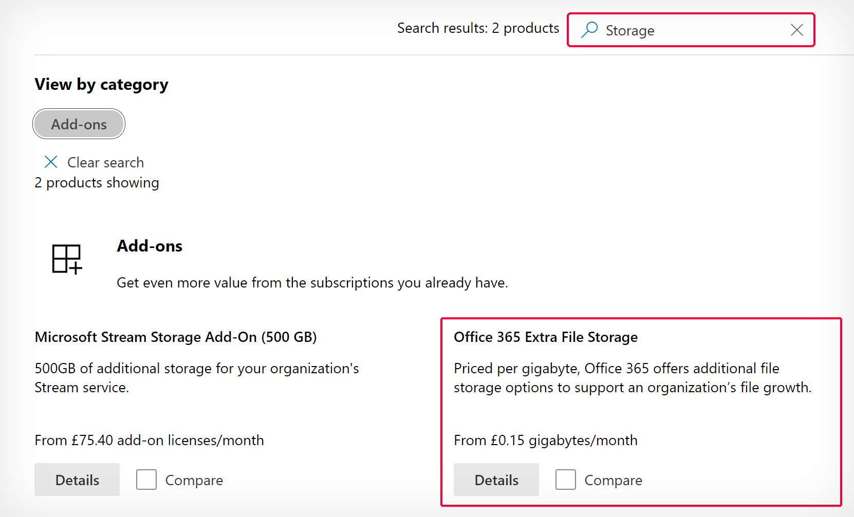 Search "storage" and select Office 365 Extra File Storage