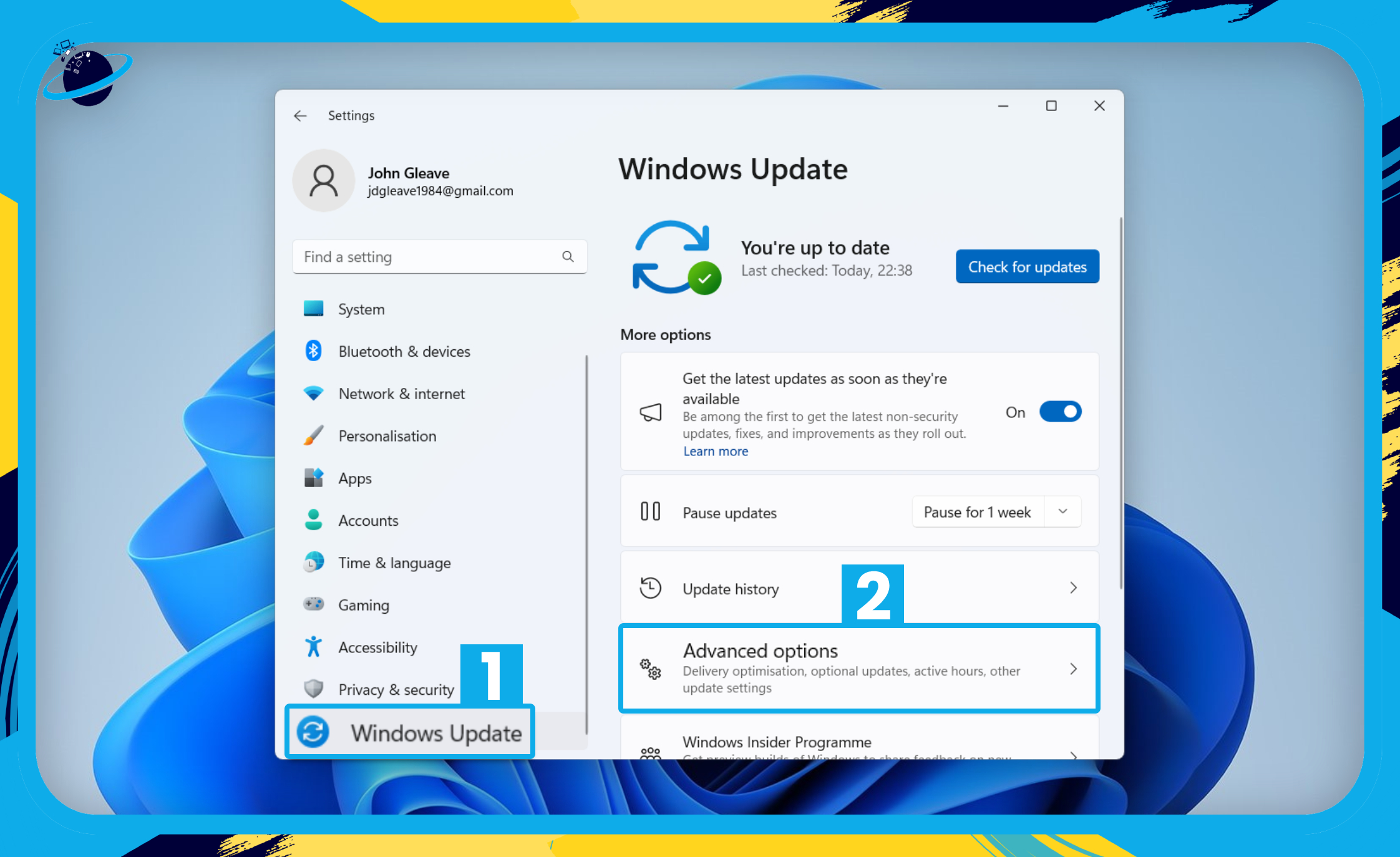 Go to Windows Update, then advanced options.